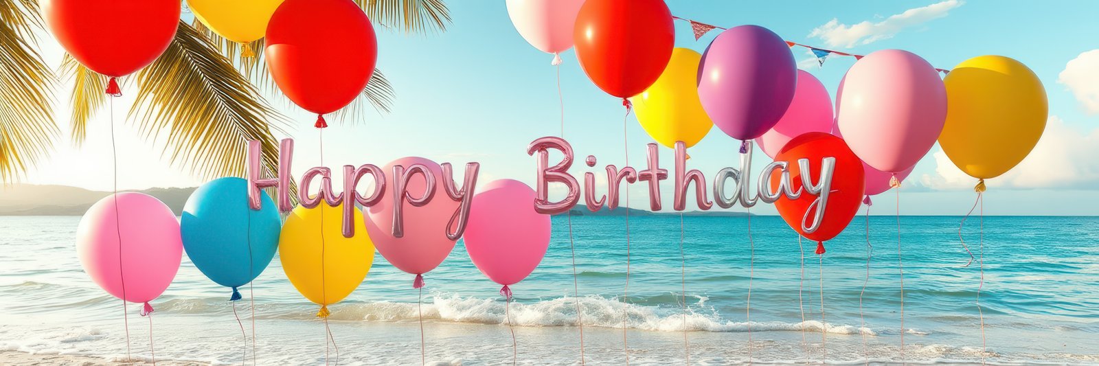 Colorful birthday celebration with balloons and a beach backdrop at sunset